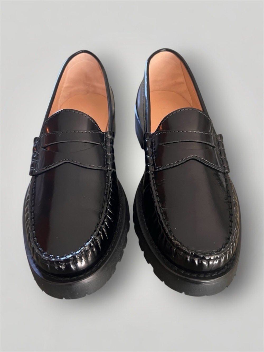 *NEW* J.Crew Winona Lug-Sole Penny Loafers Black Italian Spazzolato Leather, 7.5